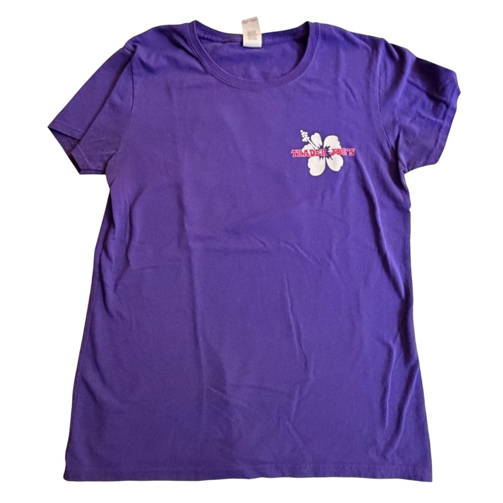Trader Joe's Crew Employee T-Shirt Purple M Hibiscus Hawaiian Gildan Logo Tee